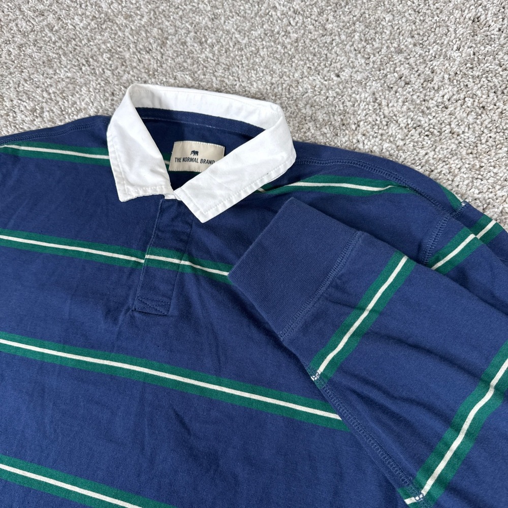 The Normal Brand Rugby Shirt Mens Large Navy Blue‎ Striped Long Sleeve Cotton